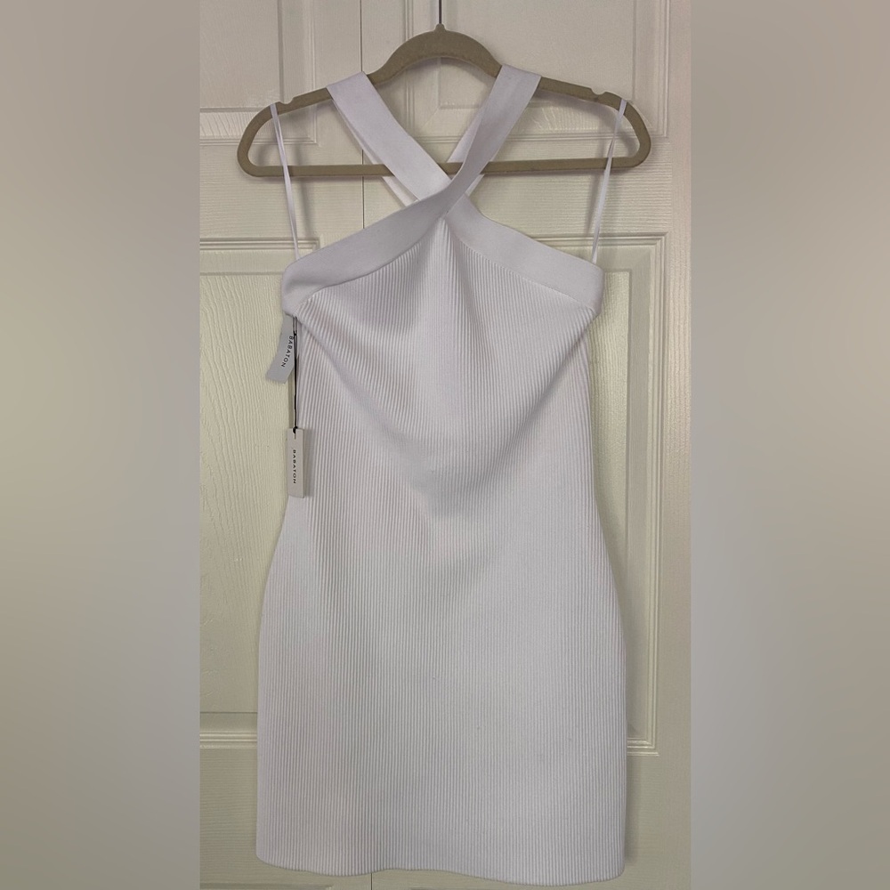 Aritzia Babaton Dress Mini NWT Sculpt Knit Cross Ribbed Halter White size Large - Picture 4 of 14